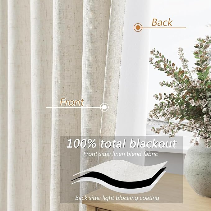 Guken 100% Blackout Cream Linen Curtains 40 Inch Wide by 36 Inch 2 Panels Set - Image 4