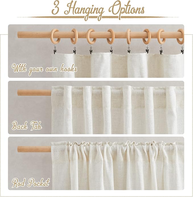 NICETOWN Natural Linen Kitchen Curtains 24 inches Long, Rod Pocket & Back Tab - Image 3