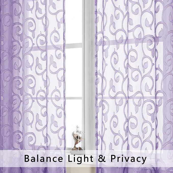 OWENIE Furman Light Purple Sheer Curtains 54 Inch Length 2 Panels Set - Image 3