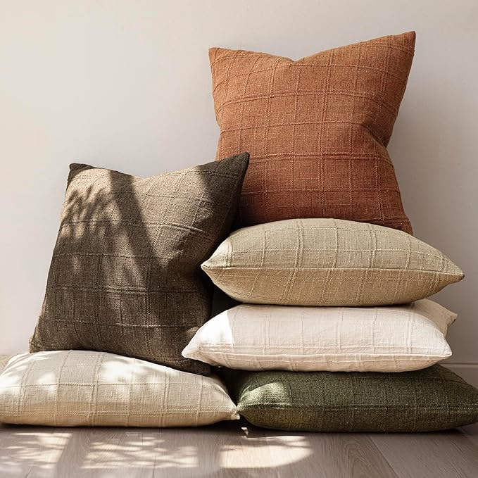 Foindtower Set of 2 Decorative Linen Check Throw Pillow Covers Neutral Farmhouse Vintage Cushion Covers Modern Boho Home Decor for Sofa Chair Couch Bedroom Living Room Outdoor,24×24 Inch,Orange