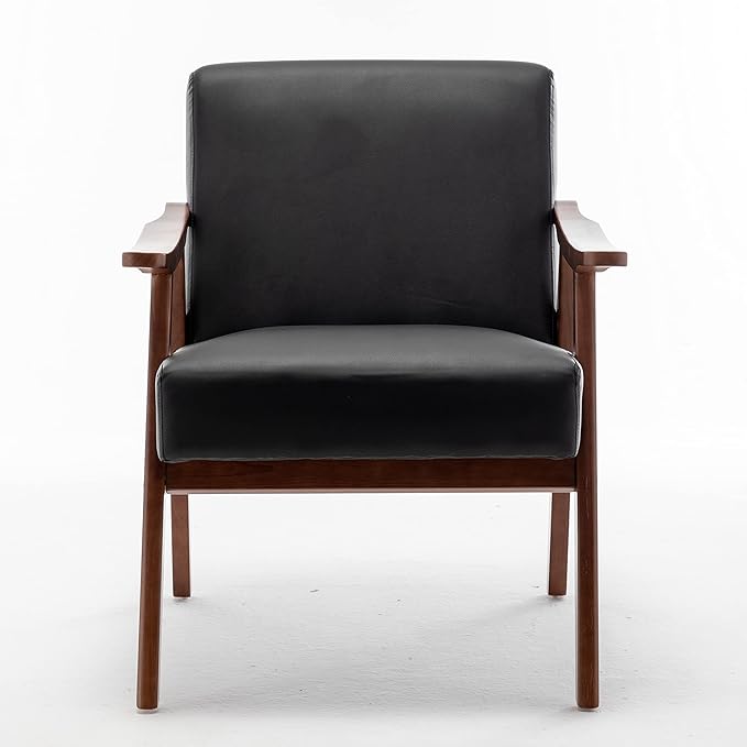 Container Furniture Direct Accent Chair with Microfiber Upholstery and Solid Wood Frame, Classic Mid-Century Modern Living Room Furniture for Extra Seating, Black PU/PVC