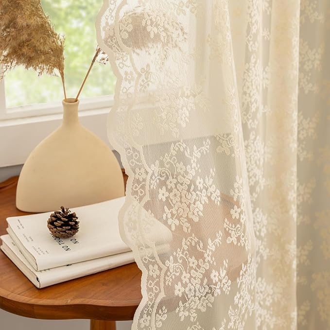 YJ YANJUN Vintage Lace Curtains 108 Inches Long-Victorian Floral Beige Sheer by YJYANJUN