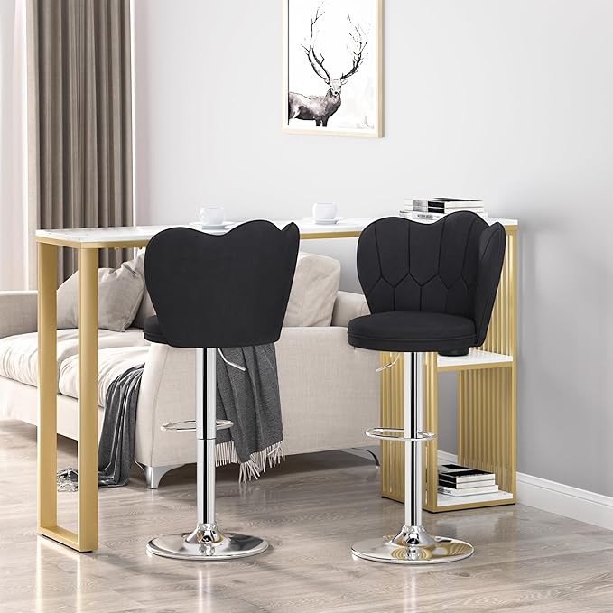 VECELO Bar Stools Set of 2, Adjustable Barstools with Back, Velvet Armless Counter Height Stool Kitchen Island Stool Swivel Bar Chairs for Pub Dining Room Living Room, Black