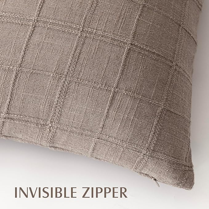 Foindtower Set of 2 Decorative Linen Check Throw Pillow Covers Neutral Farmhouse Vintage Cushion Covers Modern Boho Home Decor for Sofa Chair Couch Bedroom Living Room Outdoor,16×16 Inch,Tan Taupe
