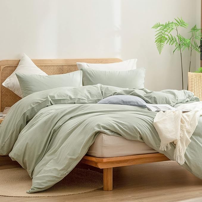 BESTOUCH Duvet Cover Set 100% Washed Cotton Linen Feel Super Soft Comfortable Chic Lightweight 3 PCs Home Bedding Set Solid Sage Green Full/Double