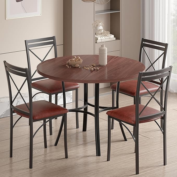 VECELO 36" Round Dining Table for 4, Wood Grain Dinette with Metal Frame for Kitchen, Apartment, Home, Space-Saving, Brown
