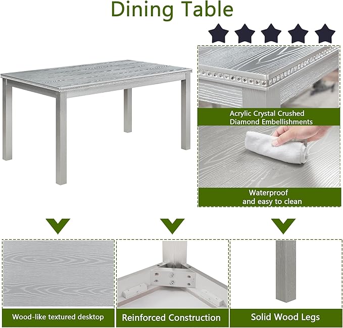 KEIKI 6-Piece Standard Height Dining Table Set with Rectangular Table, 4 Upholstered Chair, Bench, for 6 Person, Crystal Decoration Table Set, Easy Assembly, for Kitchen, Dining Room, Silver Grey