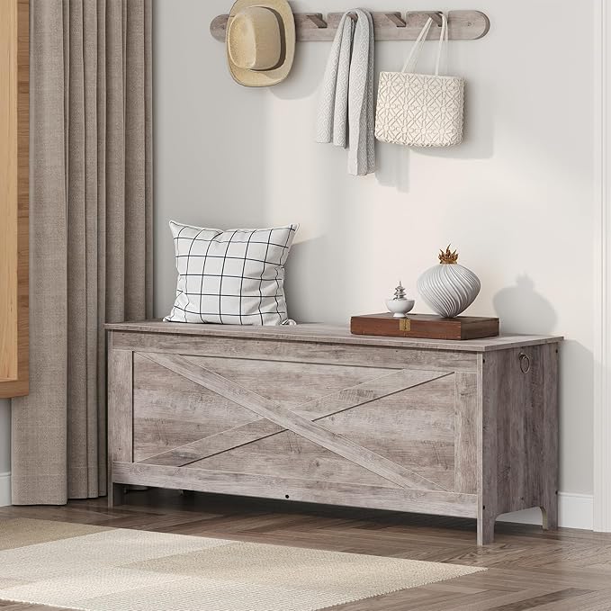 47.2" Toy Chest, Sturdy Entryway Storage Chest with Safety Hinges, Retro Toy Box, Wooden Look Accent Furniture for Living Room, Bedroom, Greige SCGY48801N1