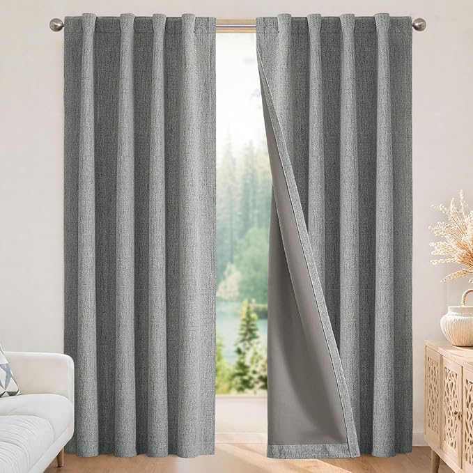 Joydeco 100% Blackout Curtains for Bedroom - Natural Linen Curtains 52" W x 108" L Long, Thermal Insulated 2 Panels Light Grey. Room Darkening Light Blocking Drapes for Living Room