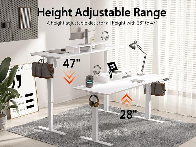 55x24 Inches Electric Standing Desk With Drawer and Monitor Stand, Height Adjustable for Home Office, Ergonomic Sit to Stand With Phone Holder, 3 Hooks, White
