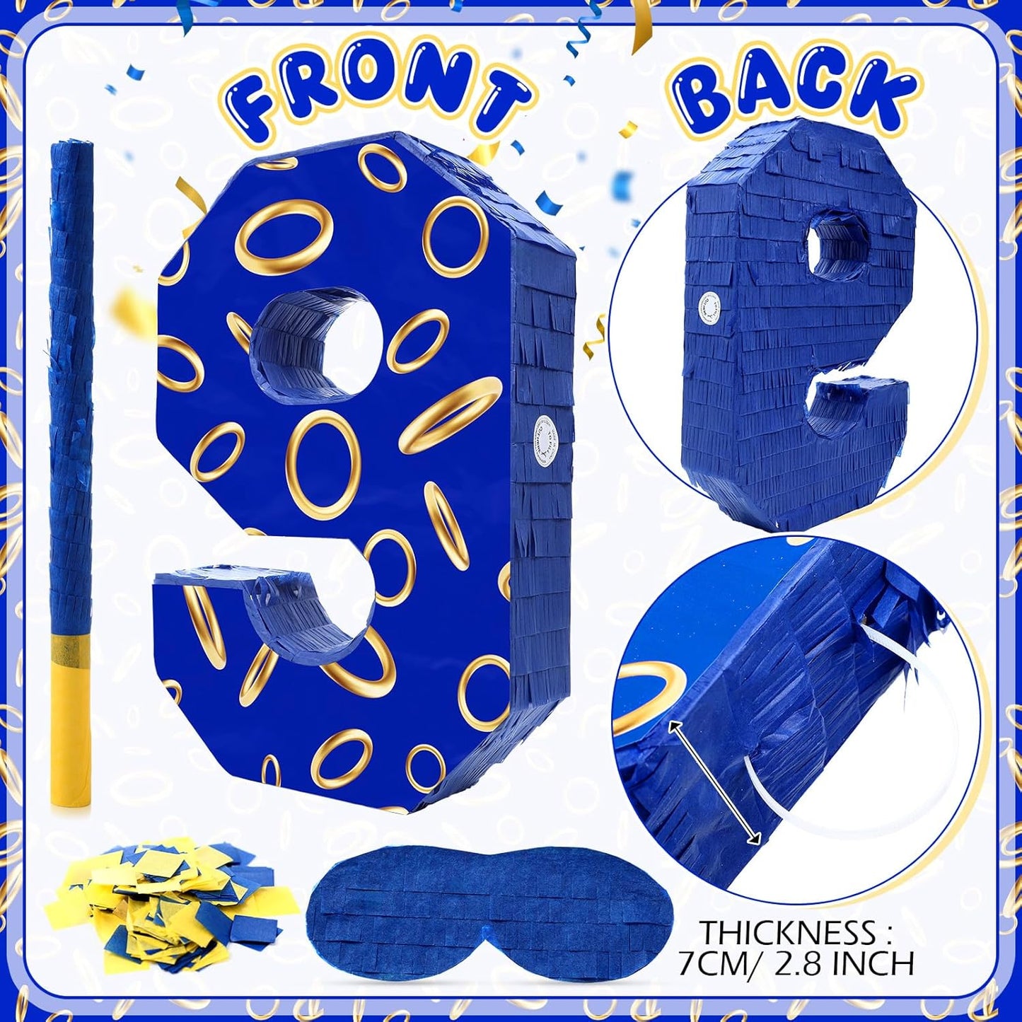 Number 9 Blue and Golden Rings Piñata for Kids Birthday Cartoon Theme Small Piñata with Blindfold Stick Confetti for Fiesta Cinco De Mayo Party Decor, 15.8 x 11 x 2.8 Inch