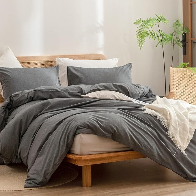 BESTOUCH Duvet Cover Set 100% Washed Cotton Linen Feel Super Soft Comfortable Chic Lightweight 3 PCs Home Bedding Set Solid Dark Grey Oversized King