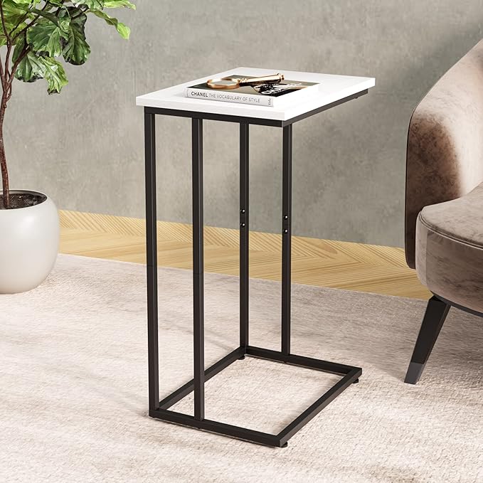 Innerjoin Wide C Side Table,C Couch Laptop Table with Metal Frames, Small Snack End for Sofa and Bed, Retro Table, Living Room Bedroom, Industrial Style, White