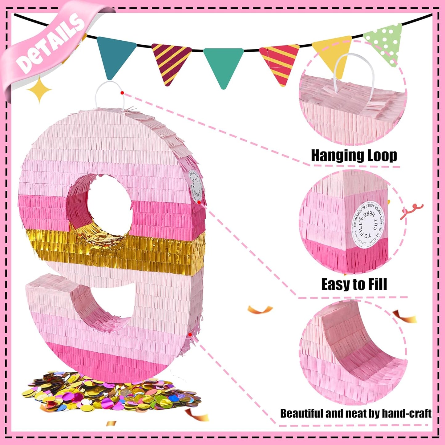 PCFING 20 Inch Number 9 Piñata Pink Gold with 30 Inch Piñata Stick Blindfold Confetti for Boys Girls Adults Birthday Party Decorations, Anniversary Celebration, Fiesta