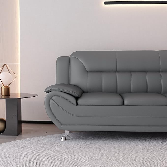 Container Furniture Direct Michael Modern Faux Leather Upholstered Stainless Steel Legs Living Room Sofa, Chair, Sleek Gray