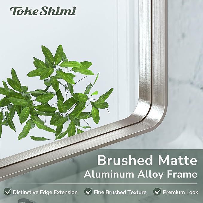 TokeShimi 48x24 Brushed Nickel Bathroom Wall Mirror Vanity Metal Frame Round Corner Rectangular for Home Decor Living Room Entryway