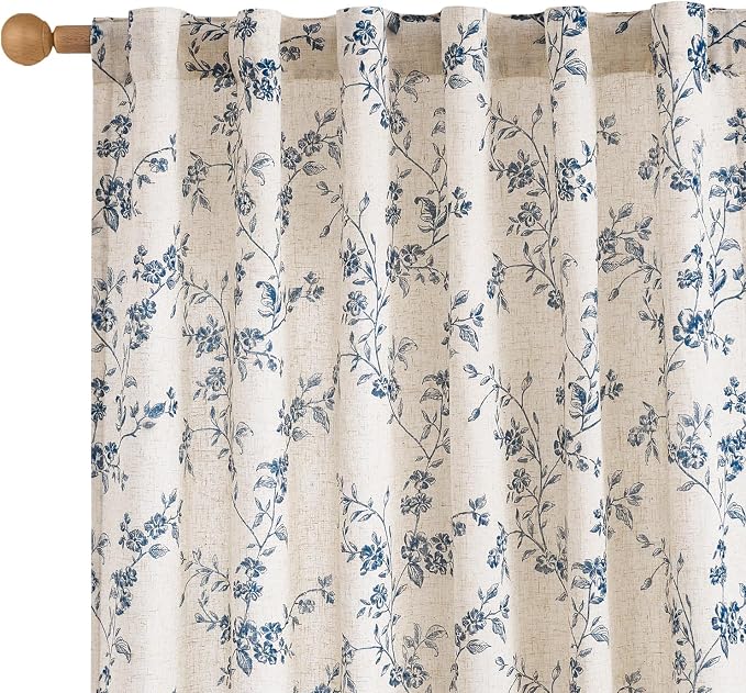 Lazzzy Blue Floral Linen Curtains 84 Inch Length Farmhouse Curtain Back Tab by Lazzzy