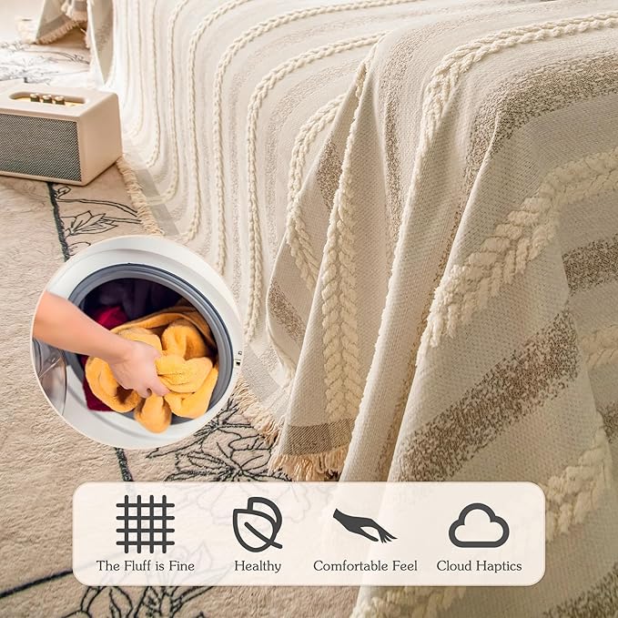 Couch Cover for Dogs Washable Sofa Cover, Sectional Couch Covers, Sofa Covers for 2 Cushion Couch, Non Slip Stripe Sofa Slipcovers Furniture Protector, Couch Protector from Cat Claws, Beige,75''x134''