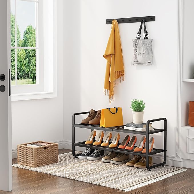 Shoe Rack - Expandable Shoe Organizer for Closet, Adjustable Metal Shoe Shelf Storage, 2 Tier Stackable Long Shoe Stand Holder for Garage, Entryway, Door Entrance, Black