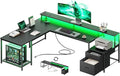 PRAISUN 66 Inch L Shaped Computer Desk with Power Outlets and LED Lights, Home Office Desk with Fabric Drawers and Print Stand, L Shape or Straight Set up, Monitor Stand, Carbon Fiber Black