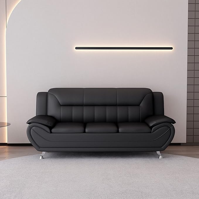 Container Furniture Direct Michael Modern Faux Leather Upholstered Stainless Steel Legs Living Room, Chair, Loveseat, Sofa, Soft Beige/Black
