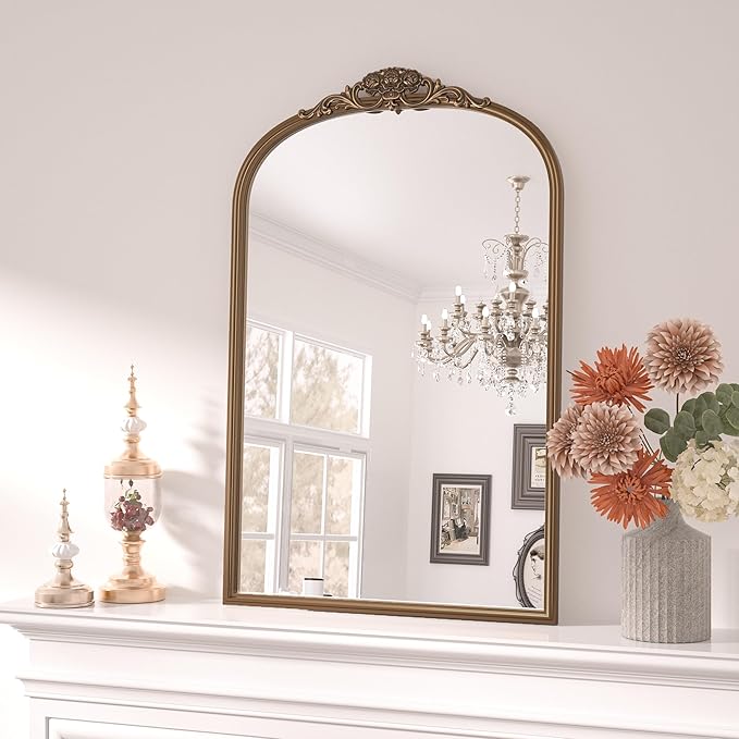 Keonjinn Vintage Gold Mirror 20" x 30", Arched Decorative Mirrors for Wall Decor, Antique Mirror Bathroom, Ornate Baroque Brass Mirror for Mantle, Entryway, Living Room, French Cleat Mounting