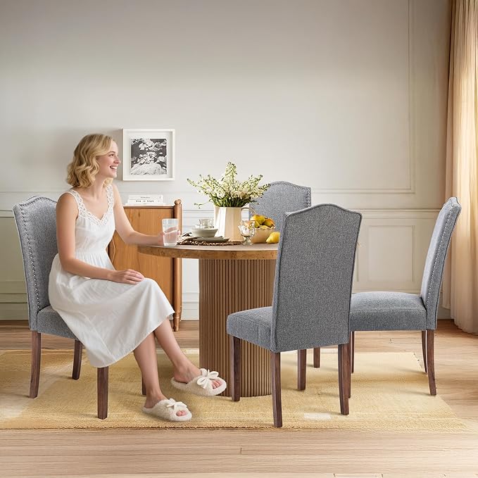 Stylish Upholstered Parsons Dining Chair Kitchen with Silver Nailhead Trim and Sturdy Solid Wood Legs