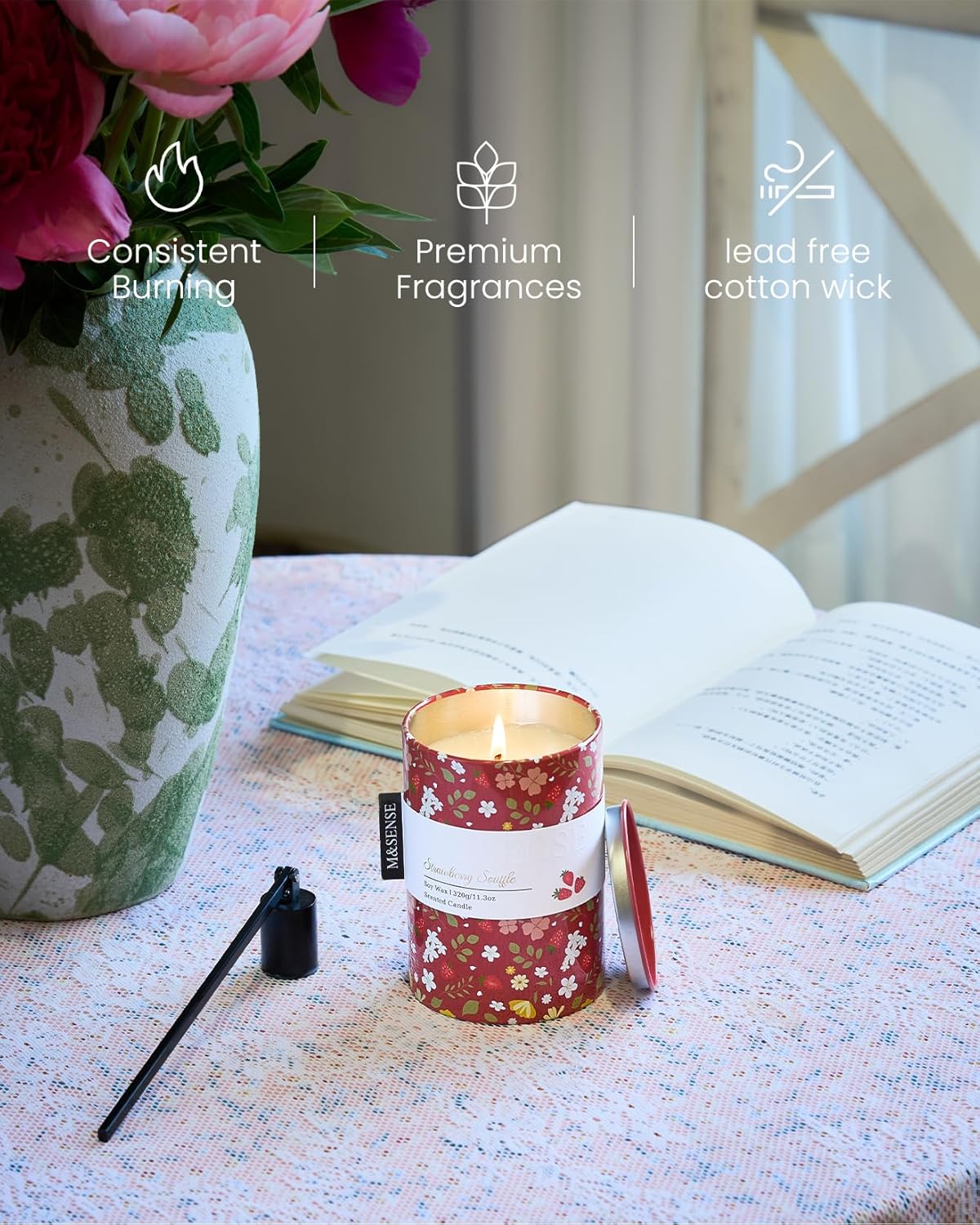 M&SENSE Strawberry Souffle Scented Candle, Medium Jar Candle 11.3oz Natural Soy Wax for Home Scented, Floral Candles Gift for Spring Holiday, Up to 70 Hours Burning Long-Lasting Fragrance