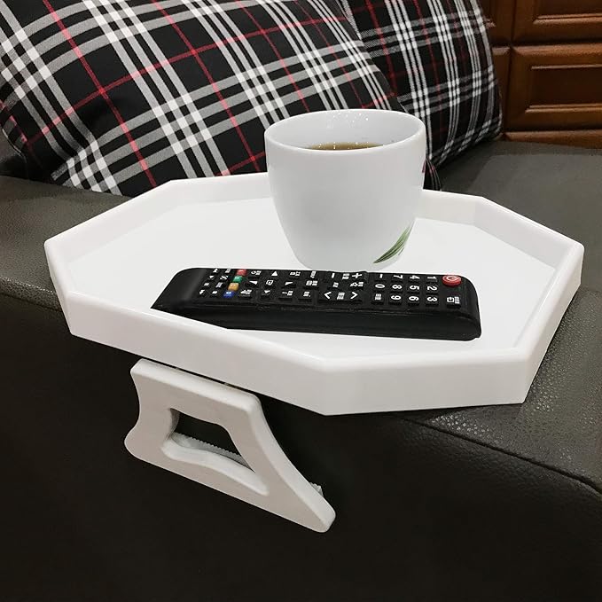 Sofa Armrest Clip Table – No-Slip Couch Tray for Drinks, Snacks, Remote – Adjustable Armchair Table for Living Room, Bedroom, Dorm – Fits Most Armrests (White)