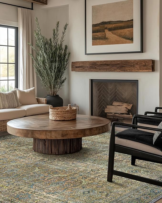 8X10 Area Rugs Machine Washable Rugs for Living Room, Vintage Boho Large Rugs for Bedroom Dining Room, Non Slip Indoor Soft Distressed Lightweight Thin Low Pile Carpet, Vintage Sunset