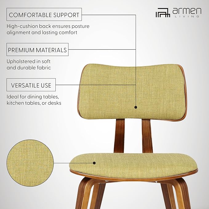 Armen Living Jaguar Mid-Century Dining Chair in Walnut Wood and Green Fabric - Set of 6