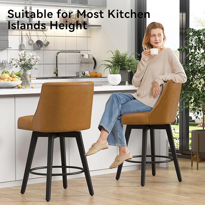 Vipbear Swivel Counter Height Bar Stools Set of 6,26.8" H Counter Stools with Back, Mid Century Modern Bar Stools for Kitchen Island,Faux Leather,Wooden Base, Brown