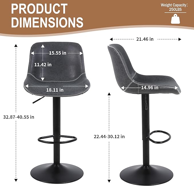Bar Stools Set of 2, Swivel Counter Height Barstools with Back, Adjustable Bar Chairs, Tall Armless PU Leather Kitchen Island Stool (Black)