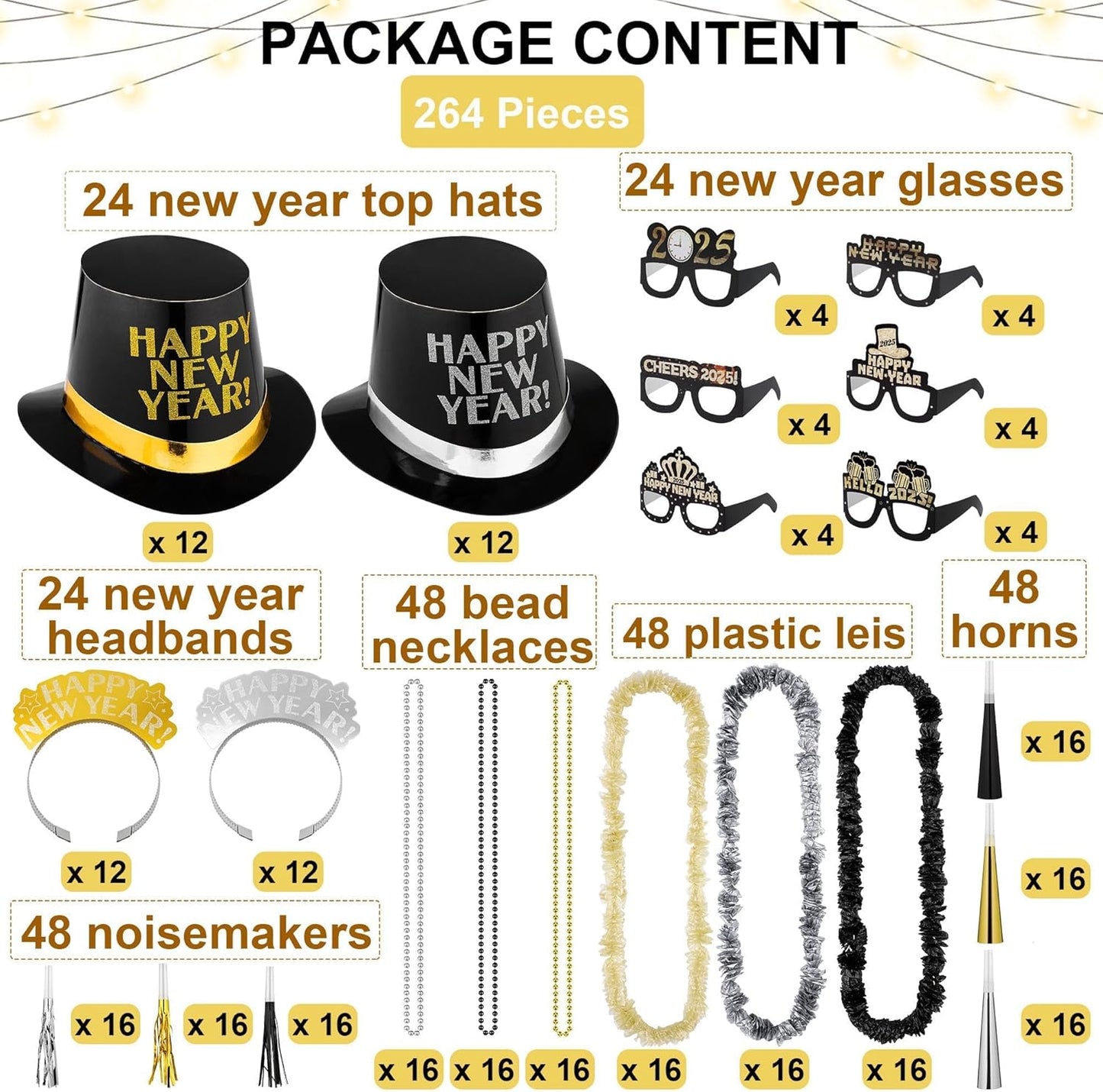 Fovths 264 Pieces 2025 New Years Eve Party Supplies Includes Glasses Top Hats Headband Noisemakers Horns Bead Necklaces Plastic Leis New Year Party Favors for Celebration Decoration Gift