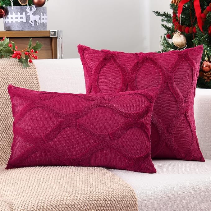 decorUhome Throw Pillow Covers 26x26 Inch Set of 2, Soft Plush Faux Fur Wool Burgundy Couch Pillow Covers, Decorative Neutral Pillow Cases for Bed Sofa Living Room Home Decor
