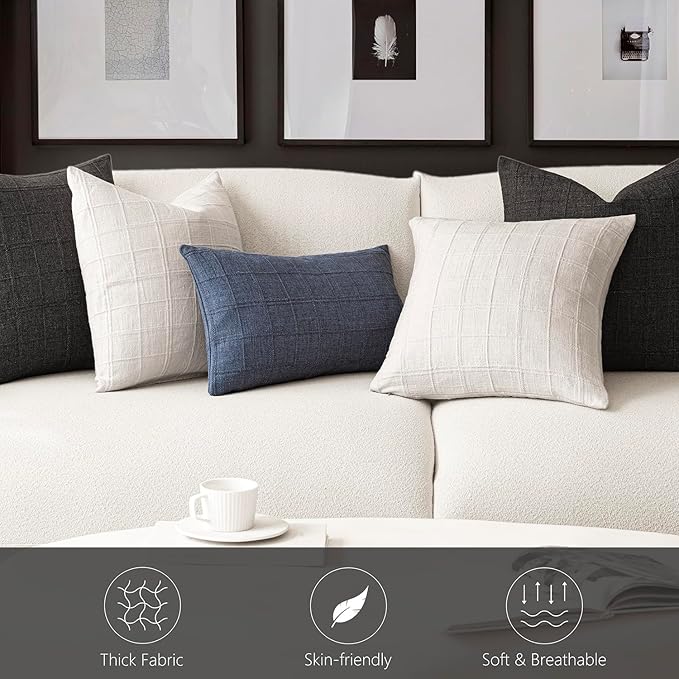 Foindtower Set of 2 Decorative Linen Check Throw Pillow Covers Neutral Farmhouse Vintage Cushion Covers Modern Boho Home Decor for Sofa Chair Couch Bedroom Living Room Outdoor,22×22 Inch,Charcoal