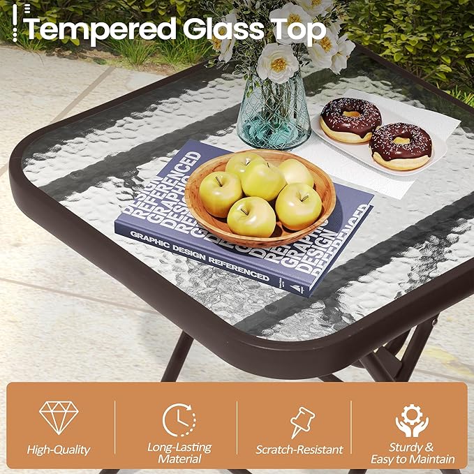 Foldable Outdoor Side Table with Tempered Glass Top Square 18" Folding Patio Side Table Small Glass End Tables for Patio Porch Yard Balcony Deck Lawn Dining Garden (Brown)