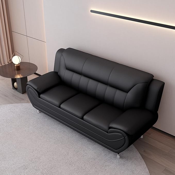 Container Furniture Direct Michael Modern Faux Leather Upholstered Stainless Steel Legs Living Room Sofa, Loveseat, Black