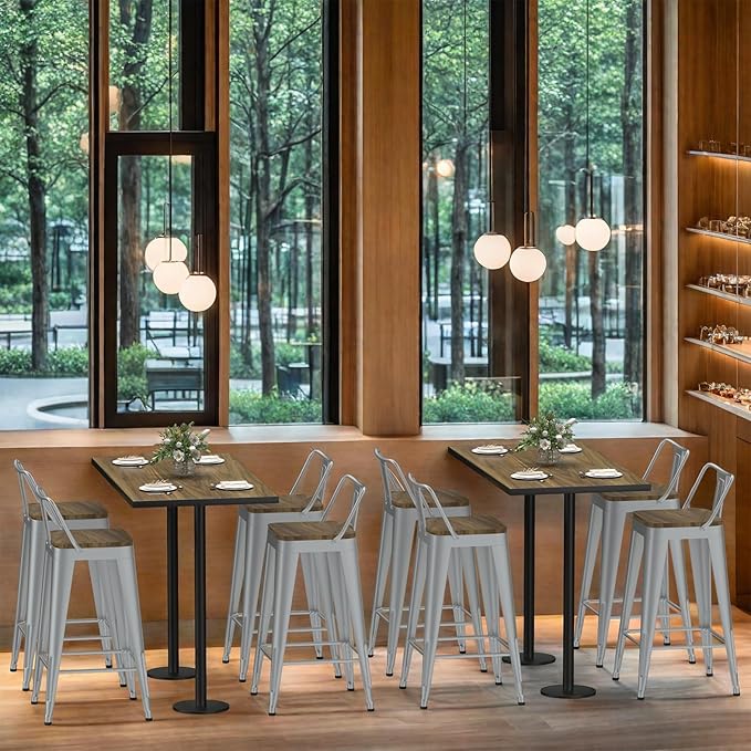 Silver Bar Stools Set of 4, Metal Bar Stools with Wooden Seat, Modern 26”Counter Height Barstools with Low Back