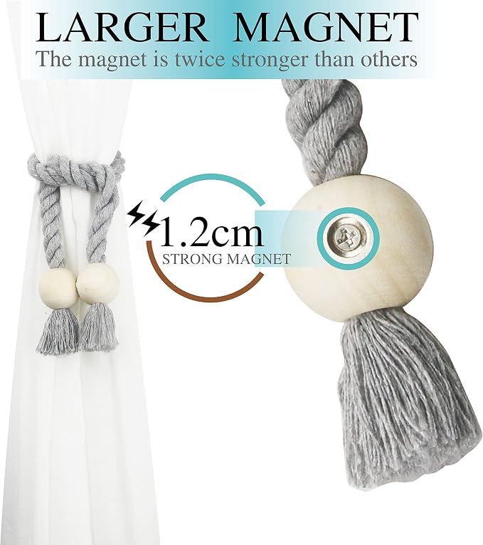 6 Pack Magnetic Curtain Tiebacks Cotton Hand Woven Tie Back Decorative Rope - Image 4