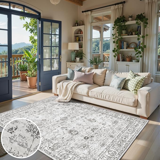 Floral Washable 6x9 Area Rugs, Soft Grey White Bedroom Rug - Image 3