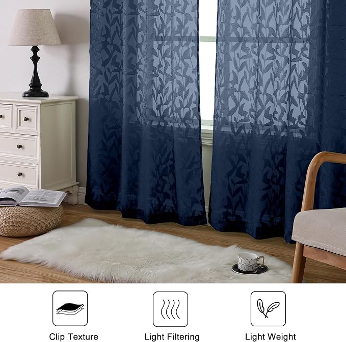 Lecloud Leia Navy Blue Sheer Curtains 72 Inches Long 2 Panels, Jacquard Leaf - Image 5