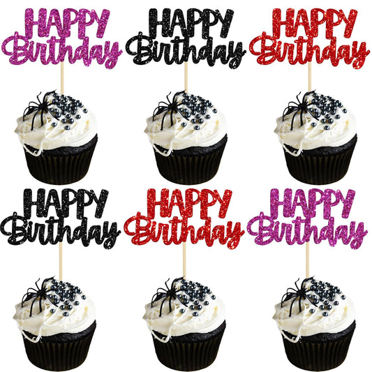 Gyufise 24Pcs Happy Birthday Cupcake Toppers Glitter Birthday Cupcake Food Picks for Celebrating Happy Halloween Theme Party Cake Decorations Supplies Black Purple Red