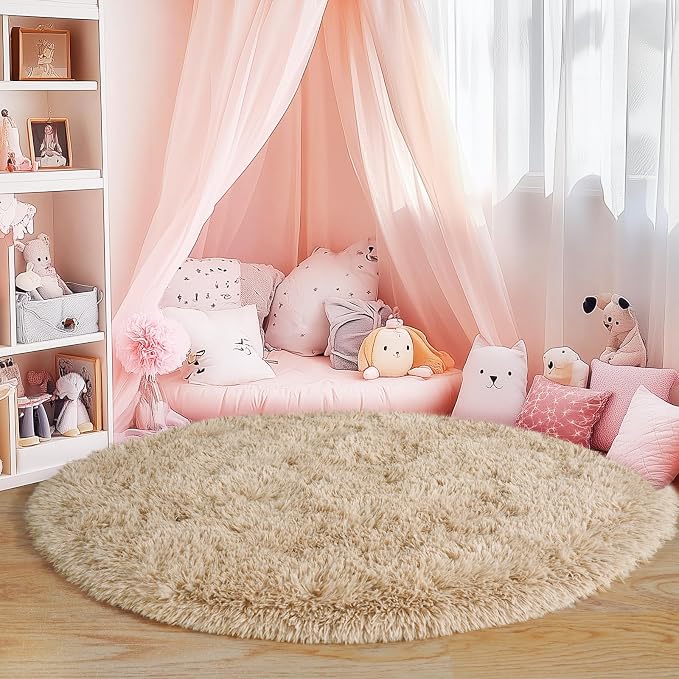 3'x3' Beige Round Rug for Bedroom, Ultra Soft Fluffy Circle Rug for Kids Girls - Image 2