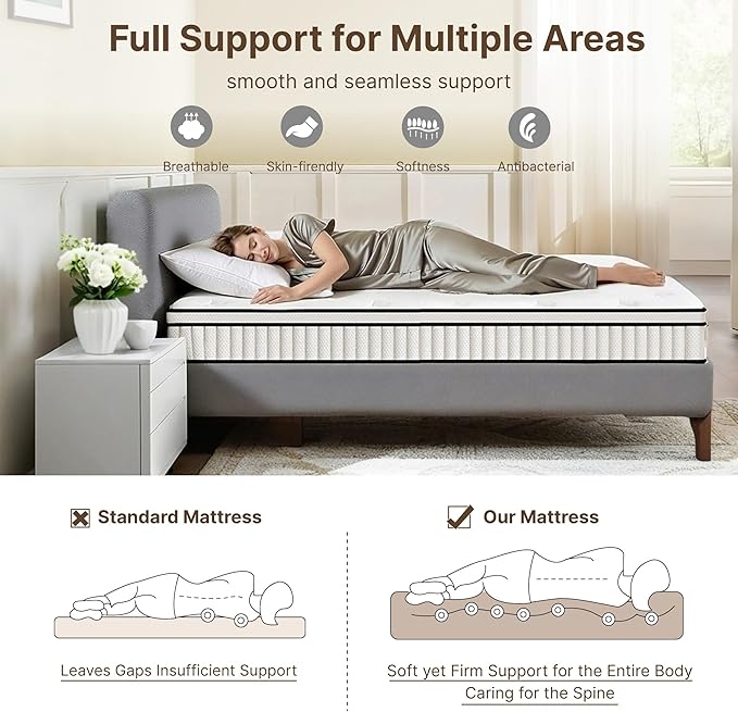 King Size Mattress, 10 Inch Medium Firm Foam Hybrid Mattress with Individual Pocket Springs for Motion Isolation & Edge Support, Mattress in A Box CertiPUR-US Certified