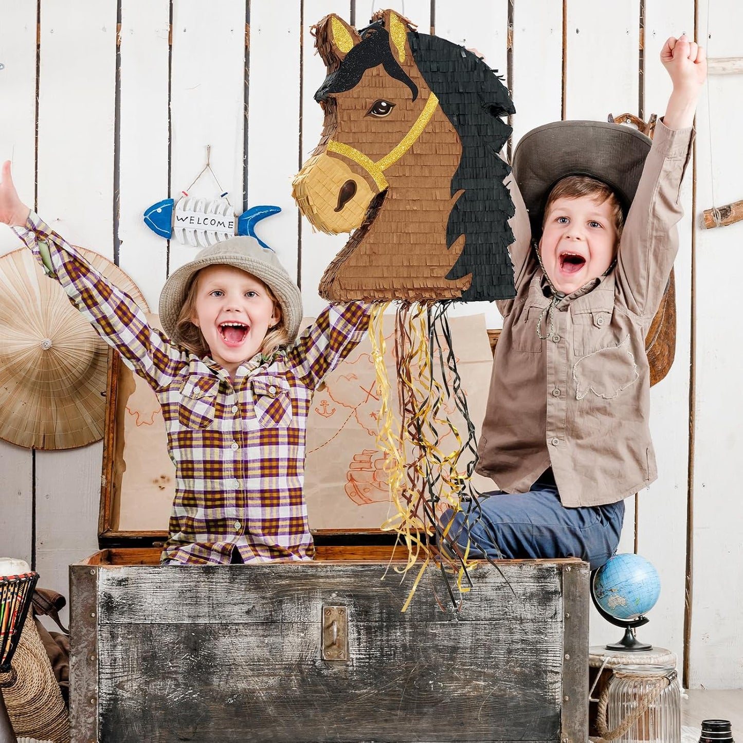 WERNNSAI Horse Piñata - Brown Horse Party Decorations Hanging Cowboy Piñata with Blindfold and Bat Western Cowboy Party Favors for Kids Boys Classroom Activities Game