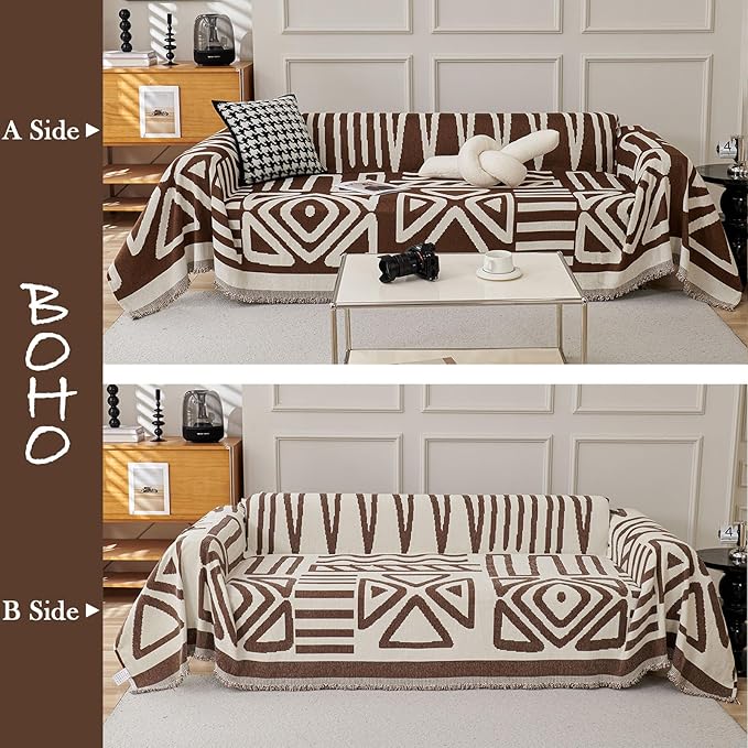 HANDONTIME Chocolate Boho Couch Cover Reversible Sofa Covers for 3 Cushion Couch Washable Sofa Cover for Dogs Boho Couches Covers Chenille Couch Protector Couch Covers for Sofa, 71" X134"