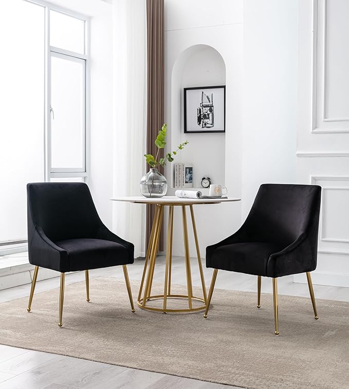 Modern Velvet Dining Chairs Set of 4, Contemporary Upholstered Furniture Collection with Polished Gold Metal Legs, Elegant Accent Chairs for Kitchen Living Room(Black)
