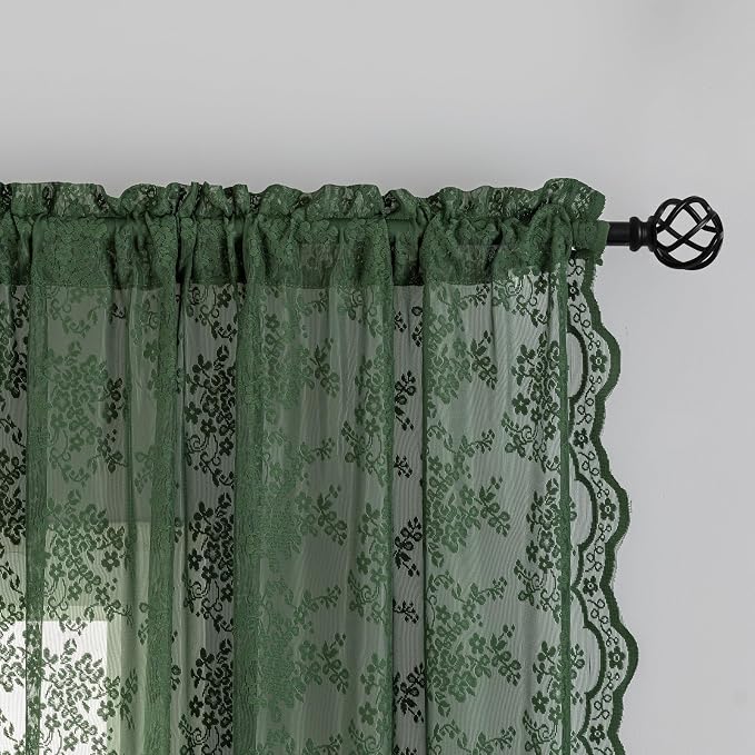 YJ YANJUN Vintage Lace Curtains 84 Inches Long- Country Olive Green Boho Sheer - Image 3