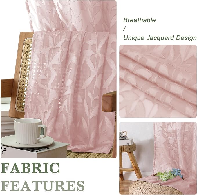 Lecloud Leia Clip Textured Sheer Blush Curtains 45 Inch Length 2 Panels - Image 3